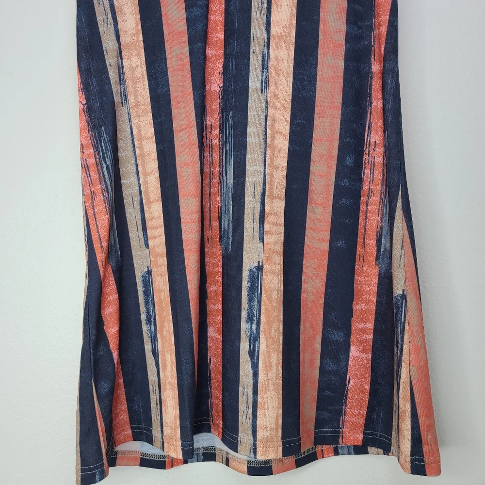 Exclusive Short Sleeve V-Neck Knit Mini Dress Stripes Blue Peach Size Small_4